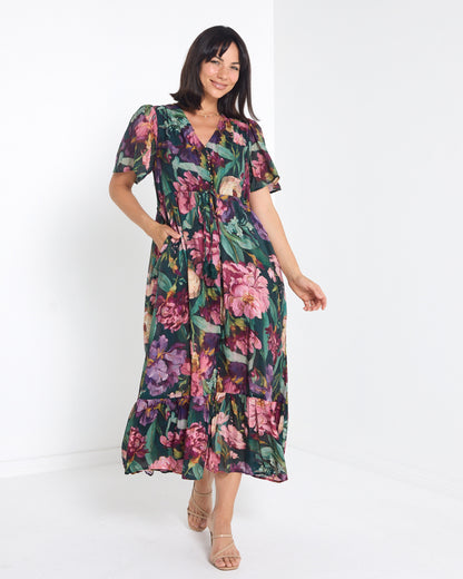 Cresida Party Dress in emerald floral, full-length front view with V neckline and flutter sleeves