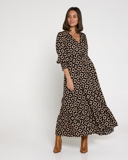 La Fiesta Dress - Black/Beige Diamond