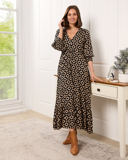 La Fiesta Dress - Black/Beige Diamond