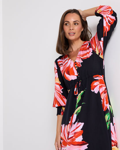 Ann Maxi Dress - Black/Red Hibiscus