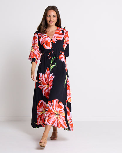 Ann Maxi Dress - Black/Red Hibiscus