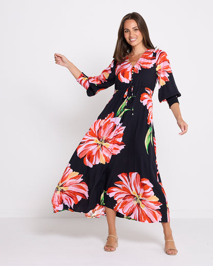 Ann Maxi Dress - Black/Red Hibiscus