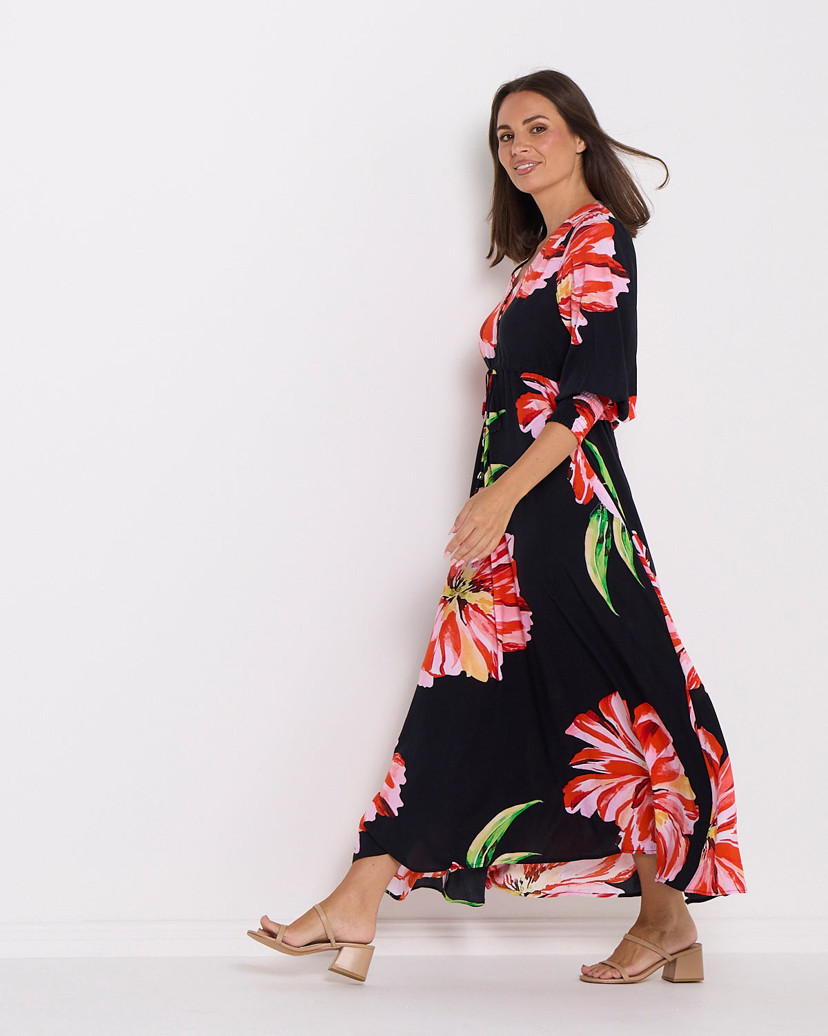Ann Maxi Dress - Black/Red Hibiscus