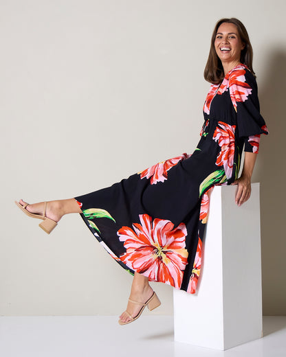Ann Maxi Dress - Black/Red Hibiscus