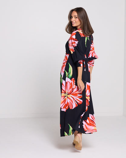 Ann Maxi Dress - Black/Red Hibiscus