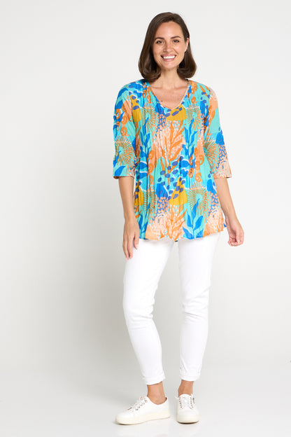 Tina V Neck Pleated Cotton Top - Orange/Blue Pop