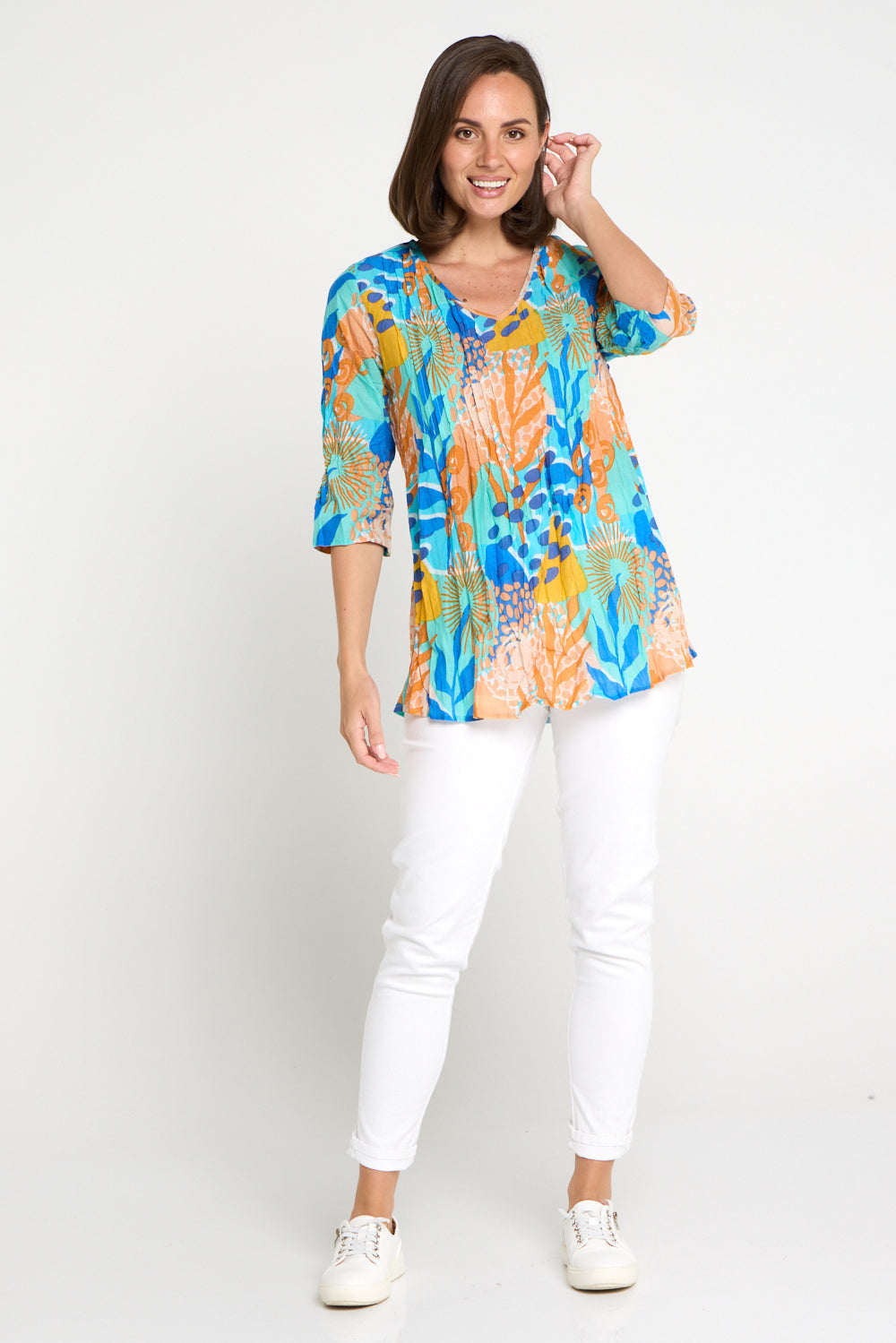 Tina V Neck Pleated Cotton Top - Orange/Blue Pop