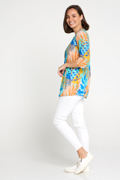 Tina V Neck Pleated Cotton Top - Orange/Blue Pop