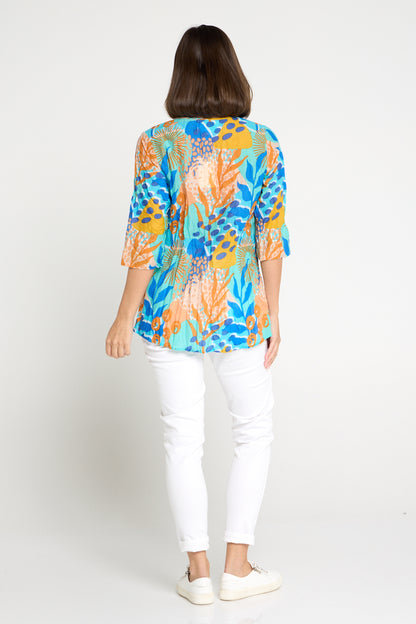 Tina V Neck Pleated Cotton Top - Orange/Blue Pop