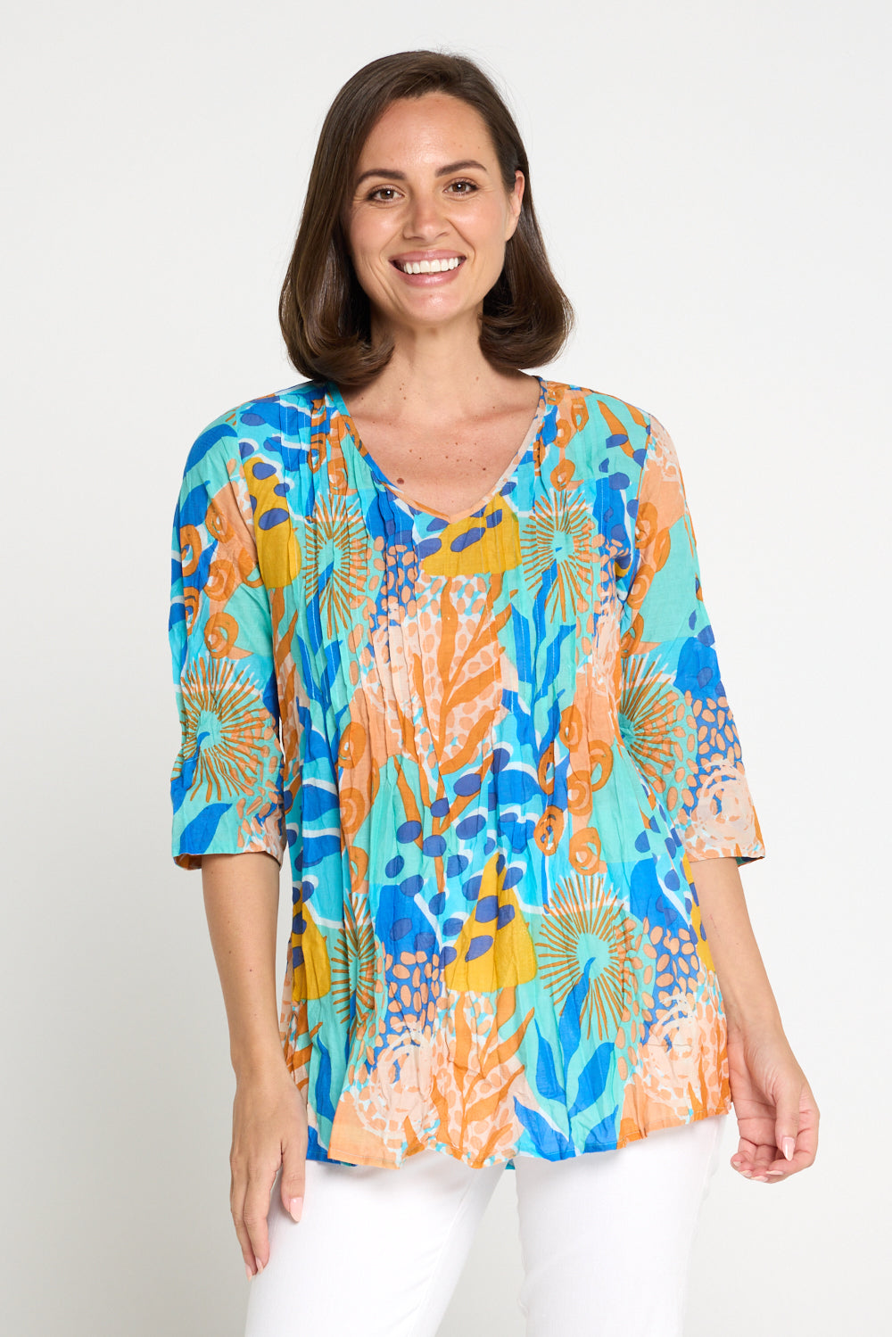 Tina V Neck Pleated Cotton Top - Orange/Blue Pop
