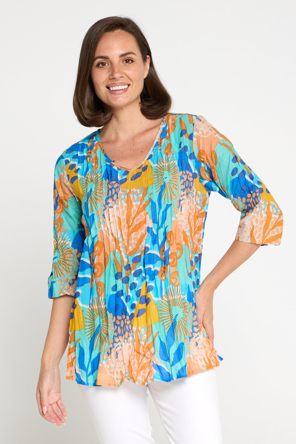Tina V Neck Pleated Cotton Top - Orange/Blue Pop