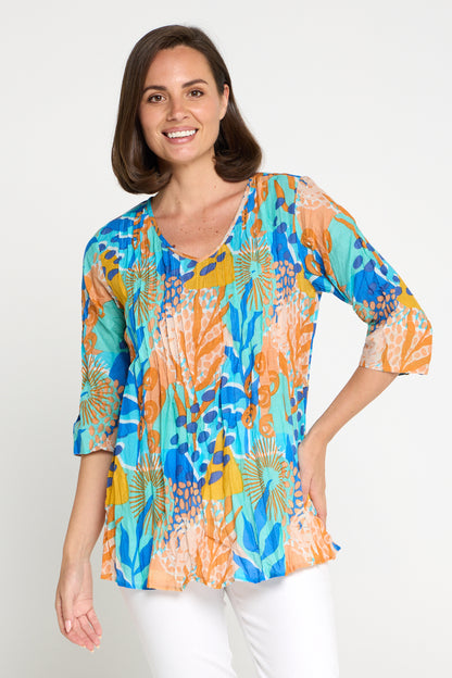 Tina V Neck Pleated Cotton Top - Orange/Blue Pop