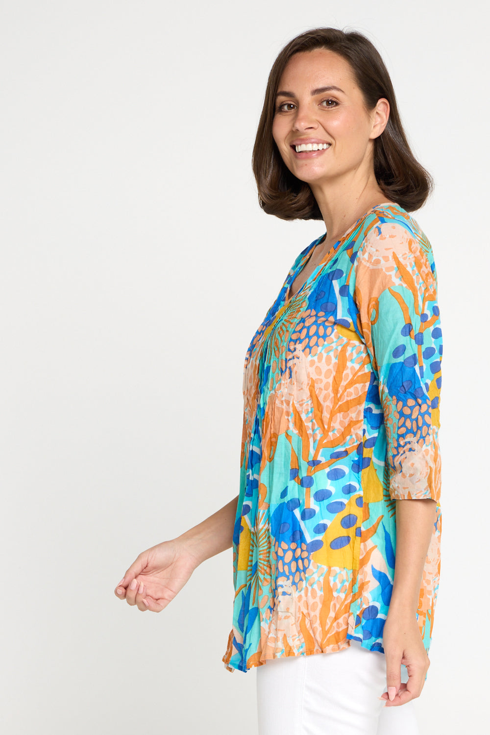 Tina V Neck Pleated Cotton Top - Orange/Blue Pop