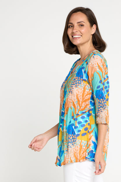 Tina V Neck Pleated Cotton Top - Orange/Blue Pop