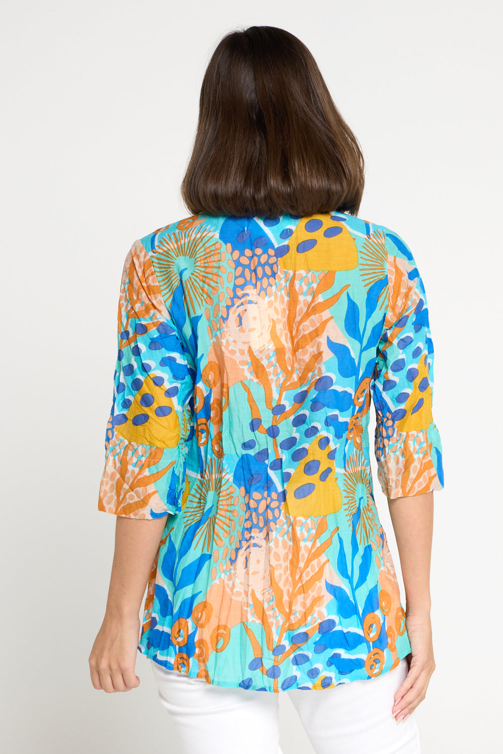 Tina V Neck Pleated Cotton Top - Orange/Blue Pop