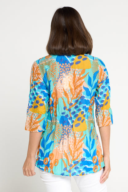 Tina V Neck Pleated Cotton Top - Orange/Blue Pop