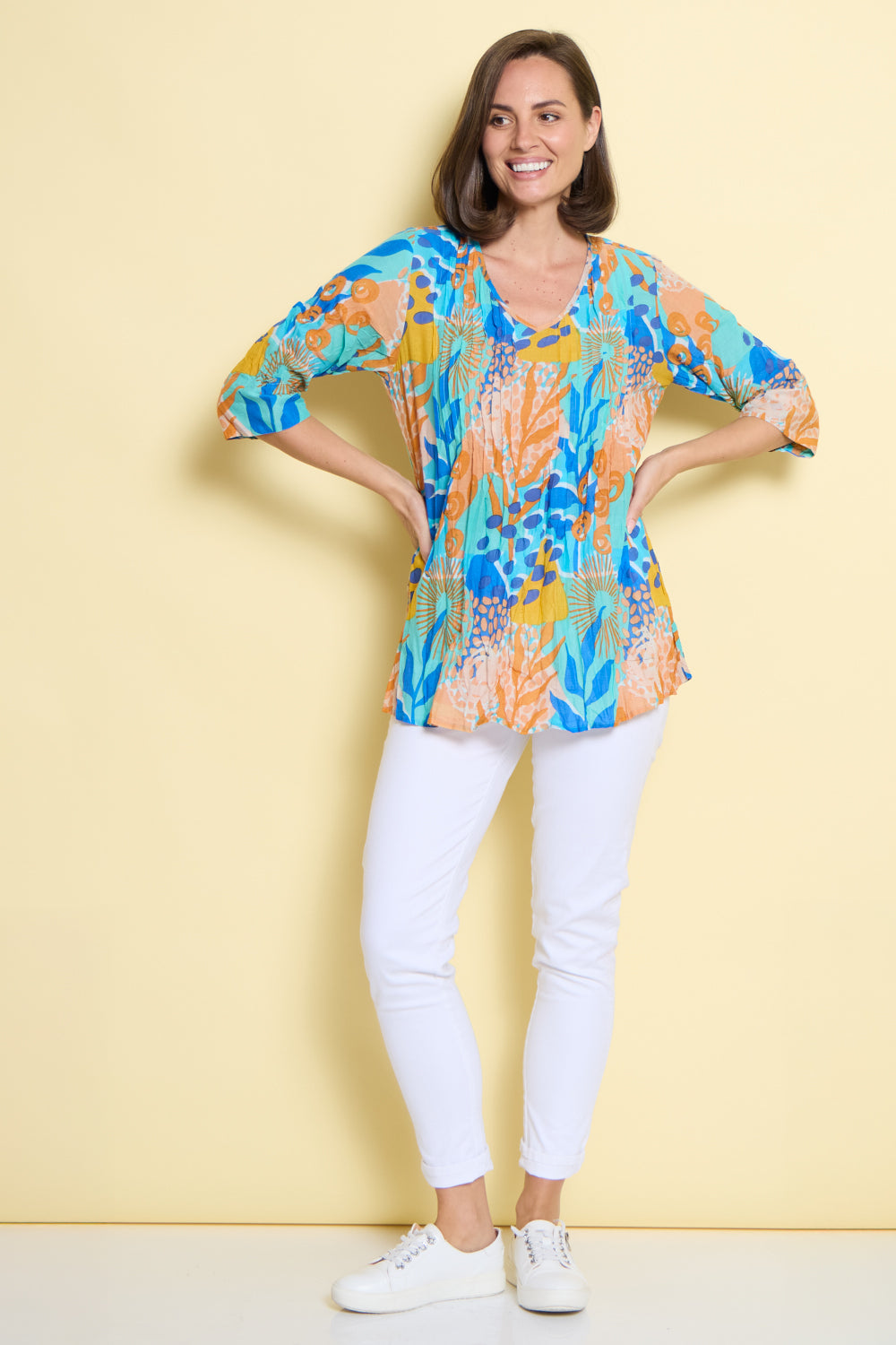 Tina V Neck Pleated Cotton Top - Orange/Blue Pop