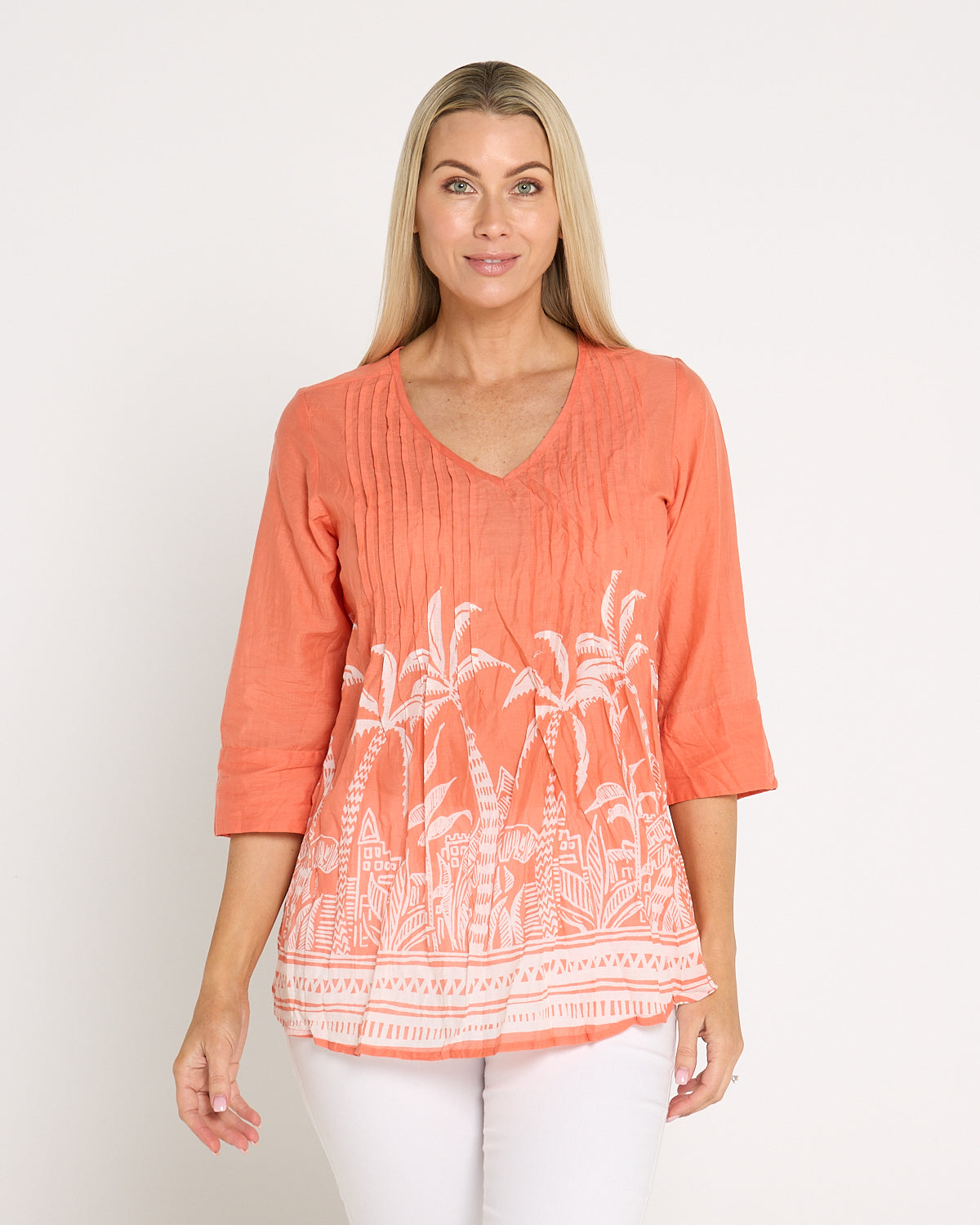 Tina Pleated Top - Coral Border