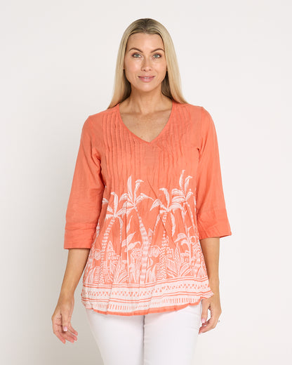Tina Pleated Top - Coral Border