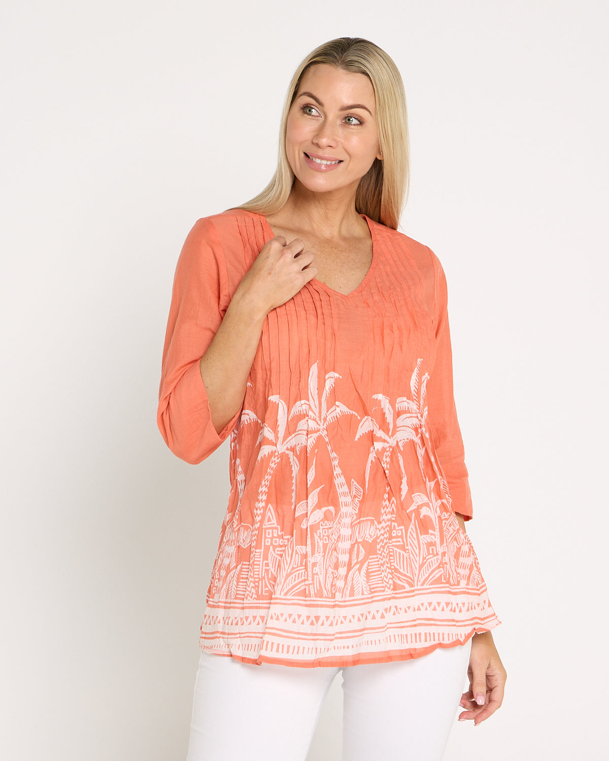 Tina Pleated Top - Coral Border