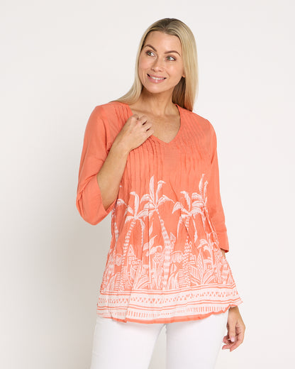 Tina Pleated Top - Coral Border
