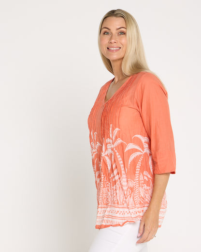 Tina Pleated Top - Coral Border