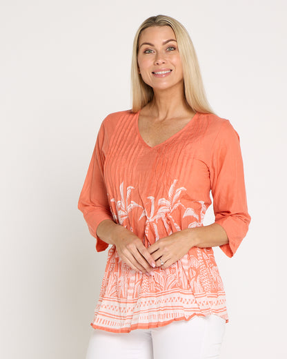 Tina Pleated Top - Coral Border