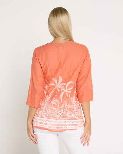Tina Pleated Top - Coral Border