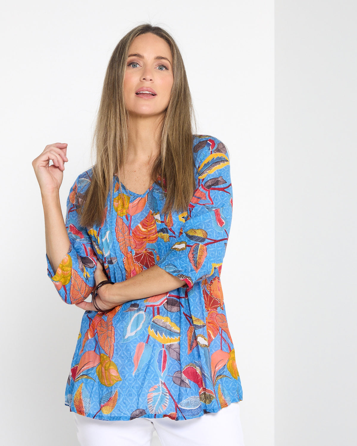 Tina Pleated Top - Tropical Foliage