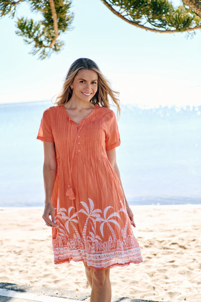 Connie Cotton Dress - Coral Border