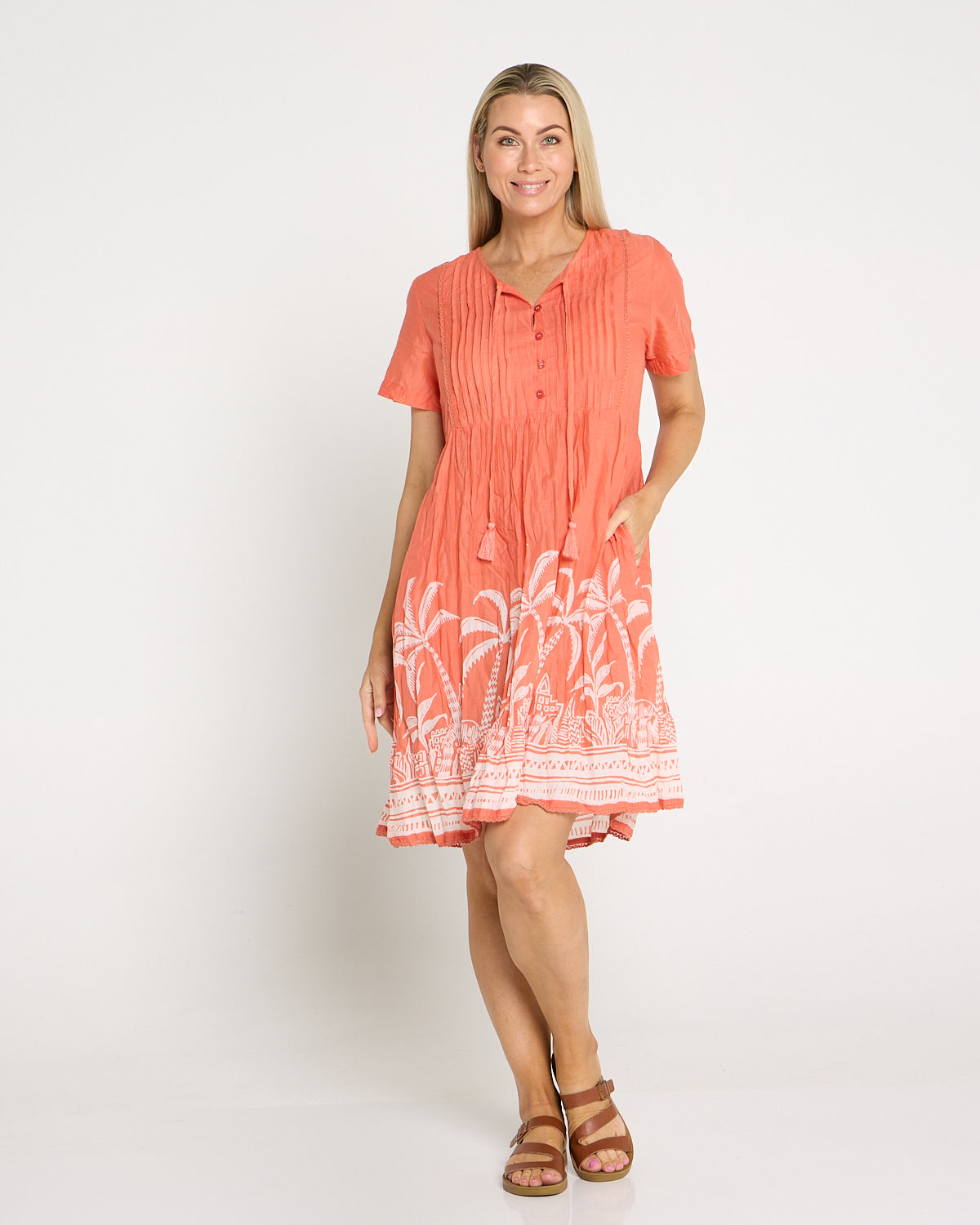 Connie Cotton Dress - Coral Border