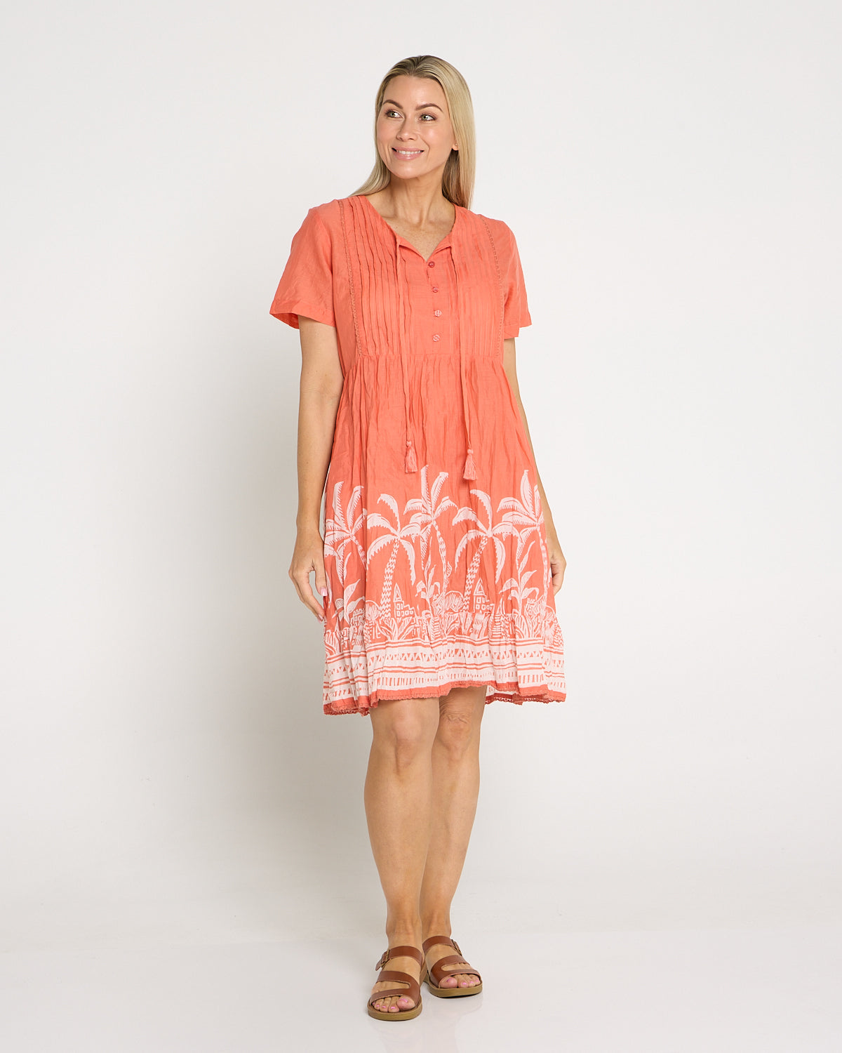 Connie Cotton Dress - Coral Border