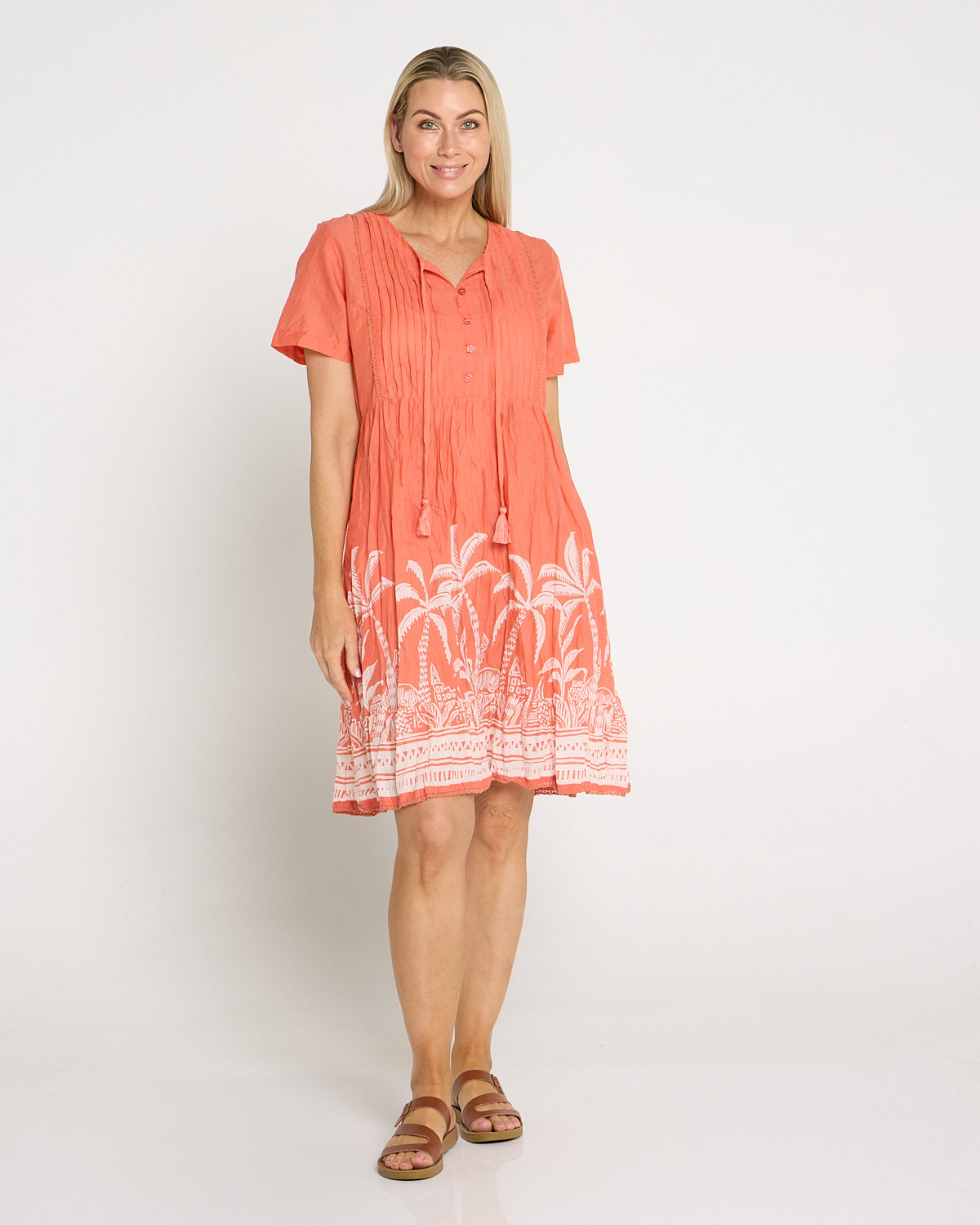 Connie Cotton Dress - Coral Border