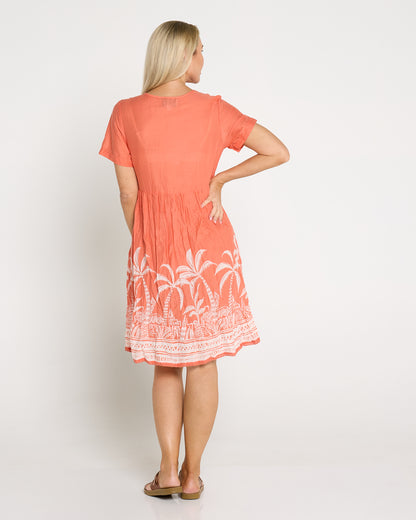 Connie Cotton Dress - Coral Border