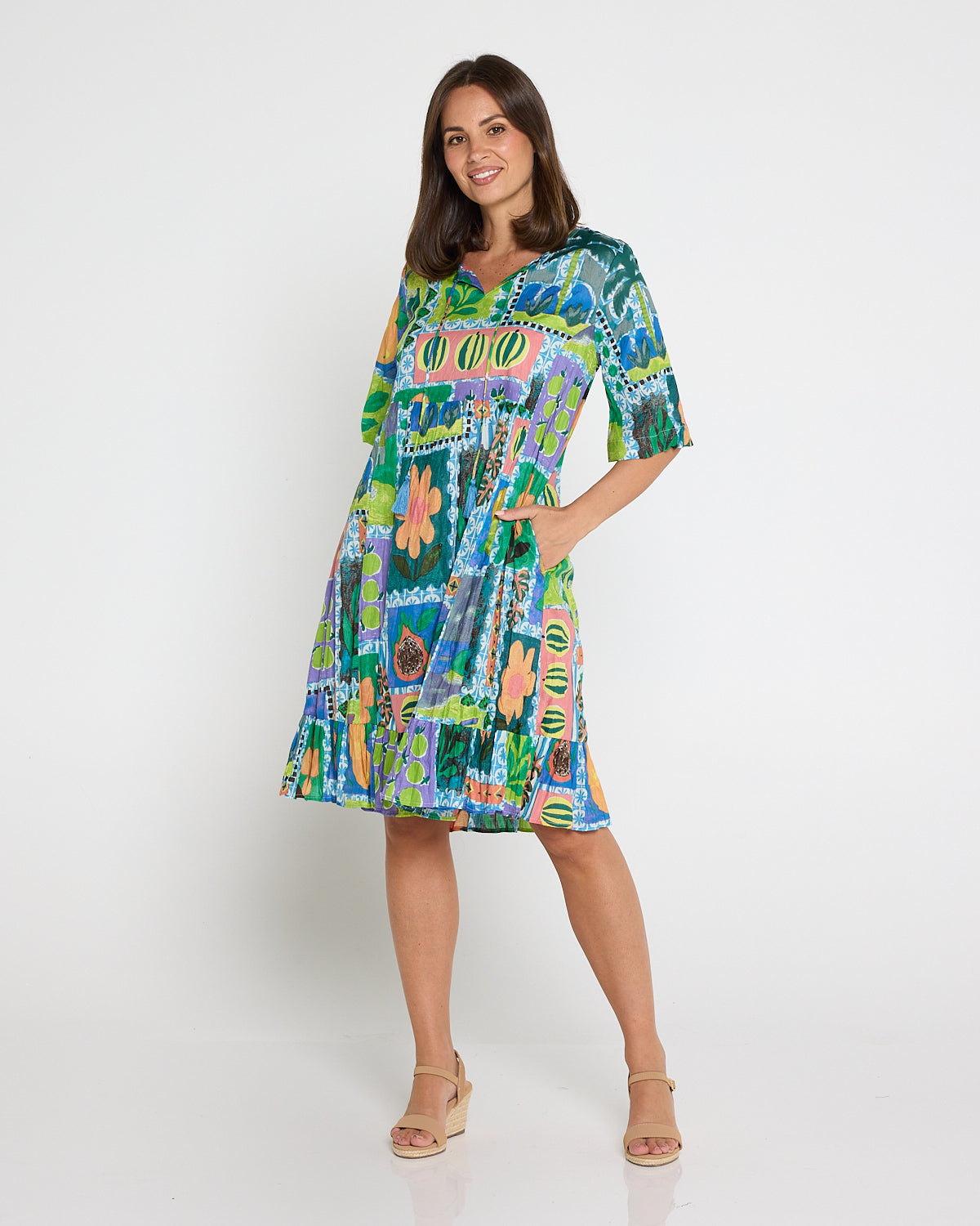 Charli Cotton Tassel Tie Dress - Fruit Cocktail Collage