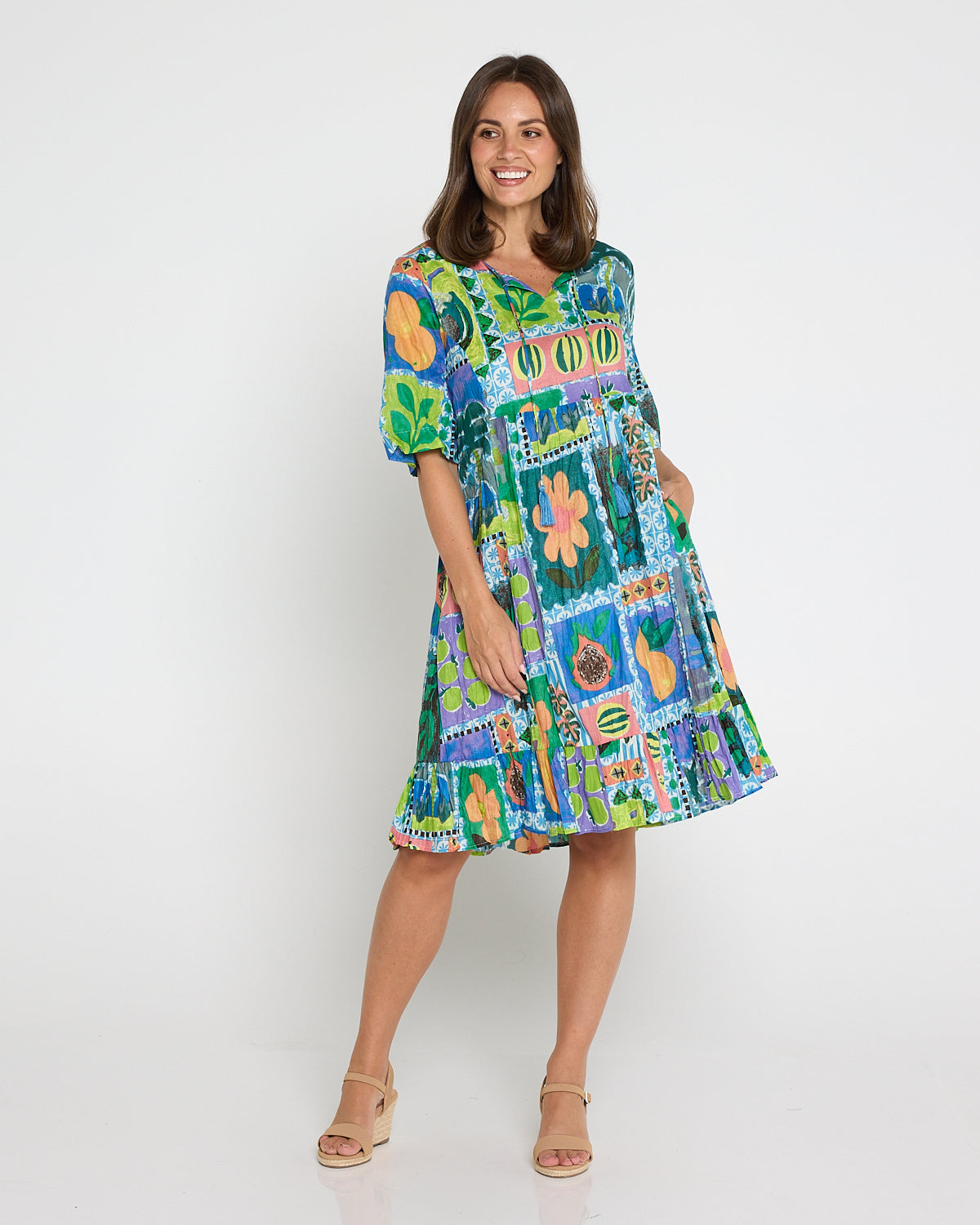 Charli Cotton Tassel Tie Dress - Fruit Cocktail Collage