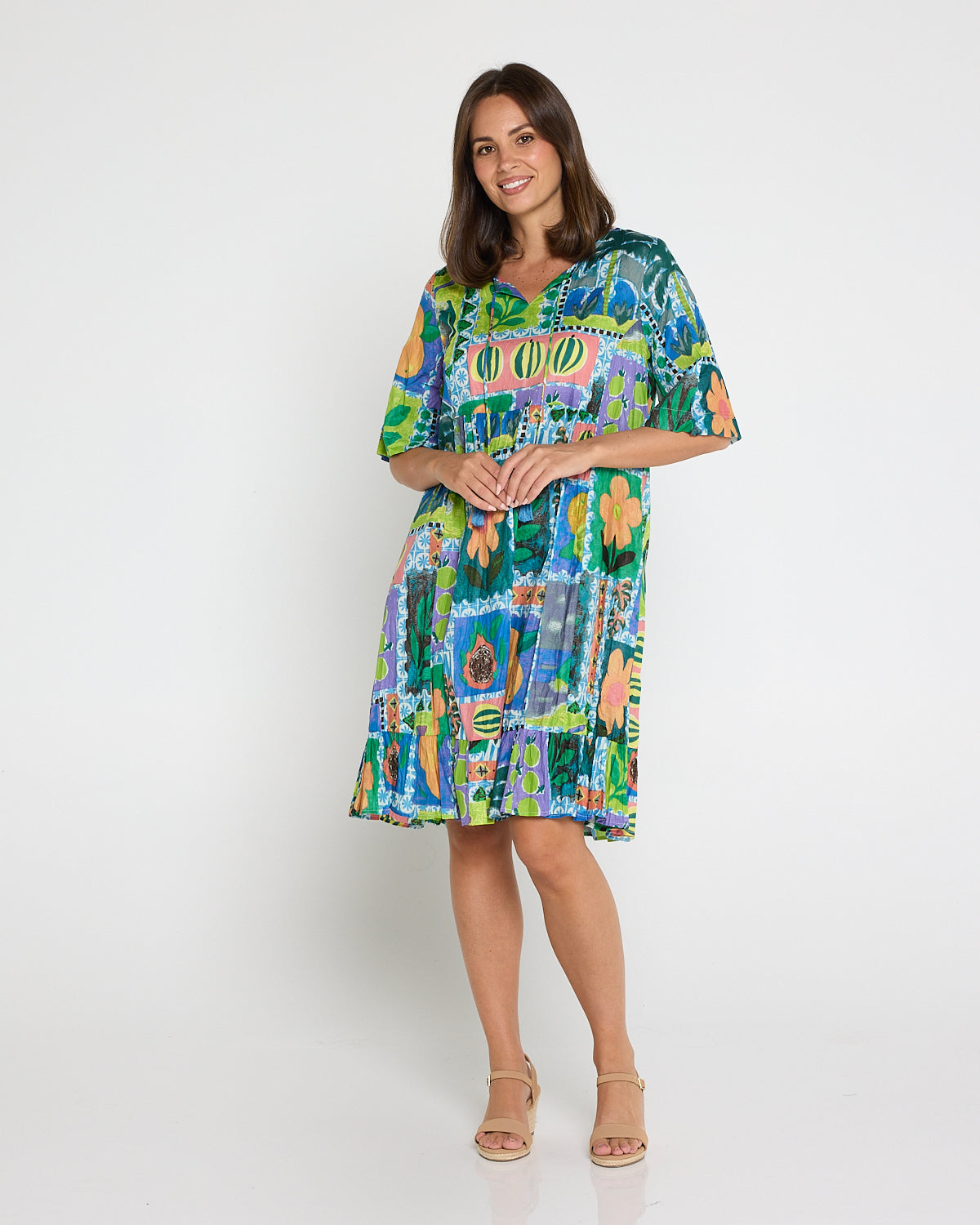 Charli Cotton Tassel Tie Dress - Fruit Cocktail Collage