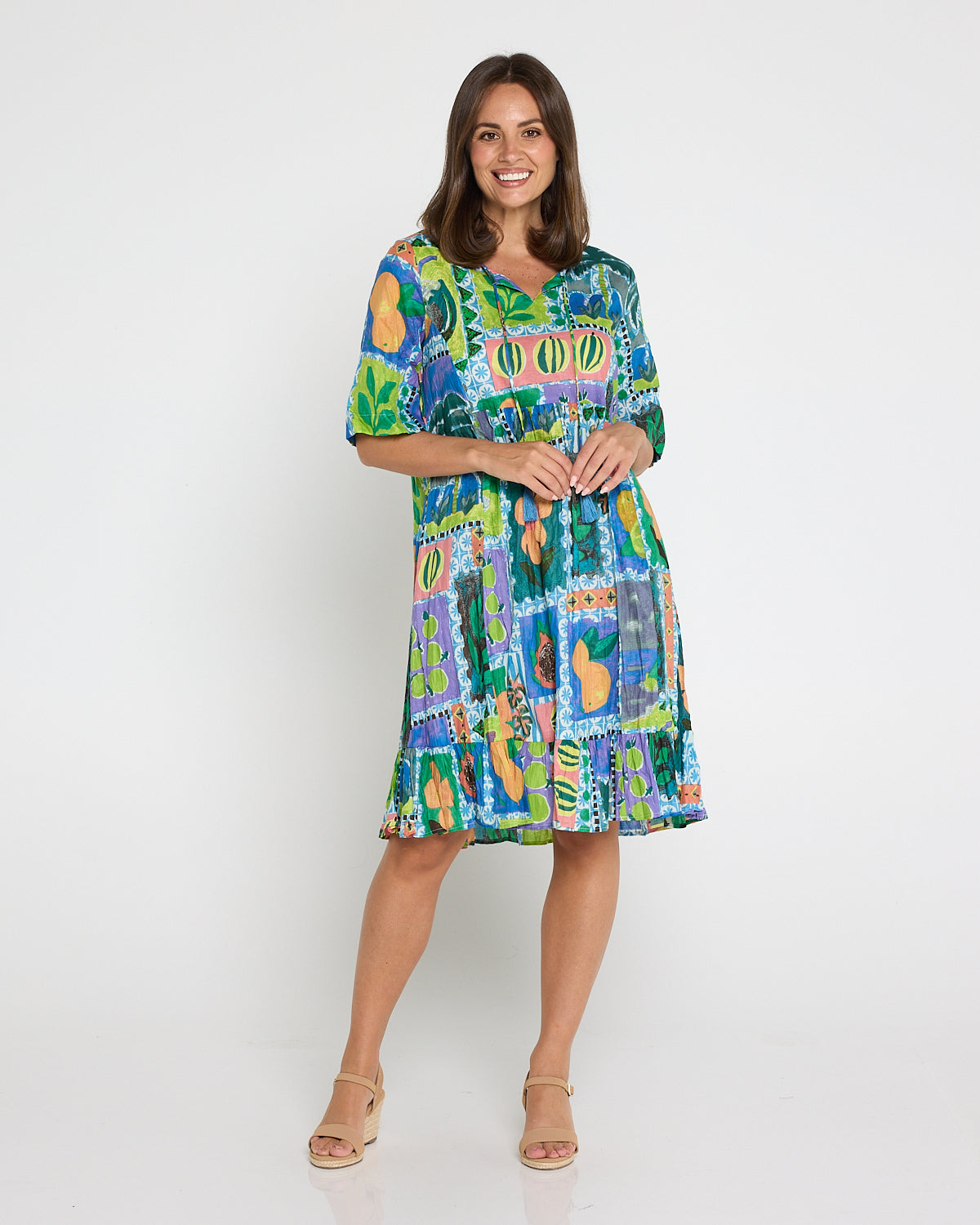 Charli Cotton Tassel Tie Dress - Fruit Cocktail Collage