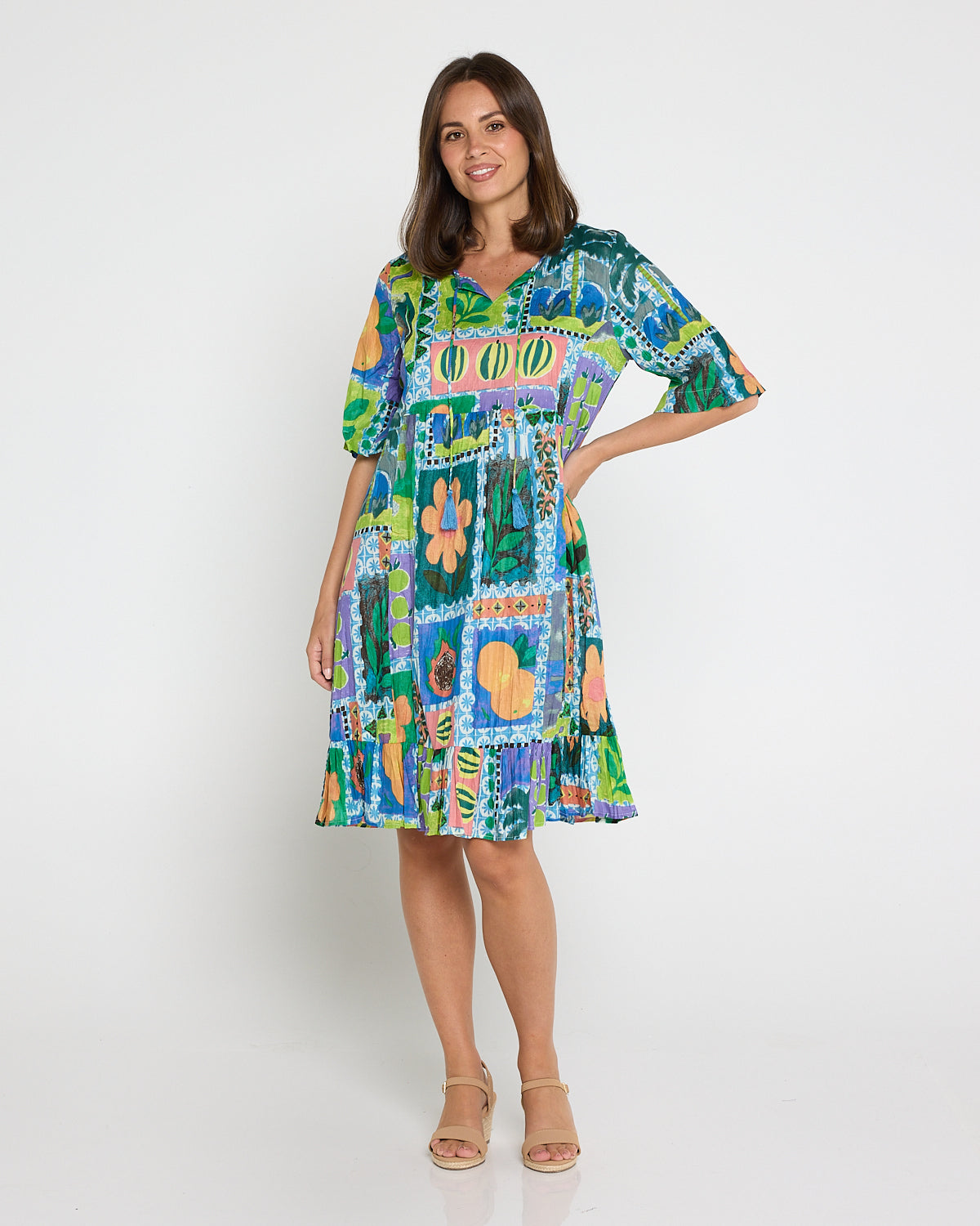 Charli Cotton Tassel Tie Dress - Fruit Cocktail Collage