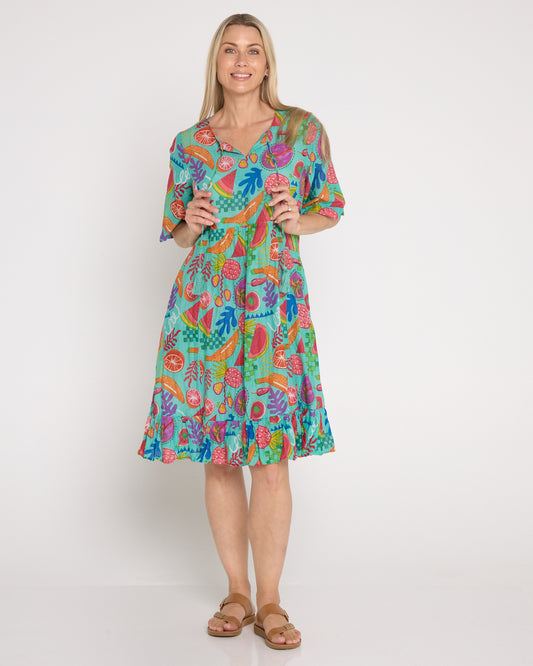 Charli Cotton Tassel Tie Dress - Teal Fruit Cocktail