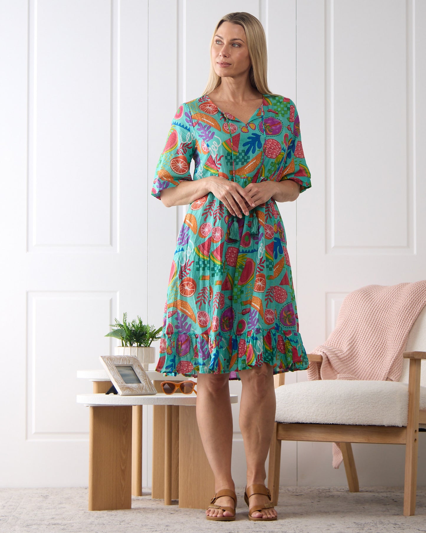 Charli Cotton Tassel Tie Dress - Fruit Cocktail