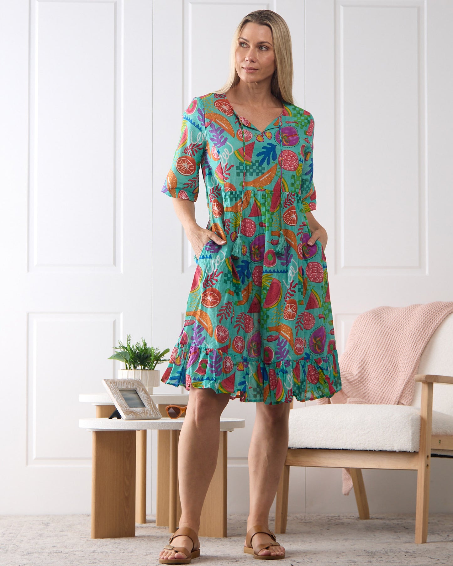 Charli Cotton Tassel Tie Dress - Fruit Cocktail