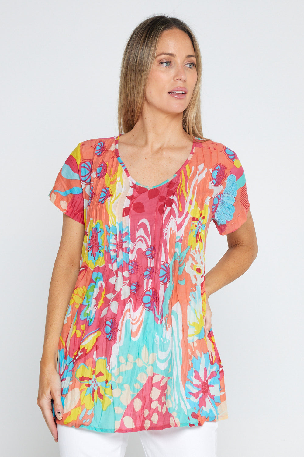 Kayla Cotton Short Sleeve Top - Coral Beach