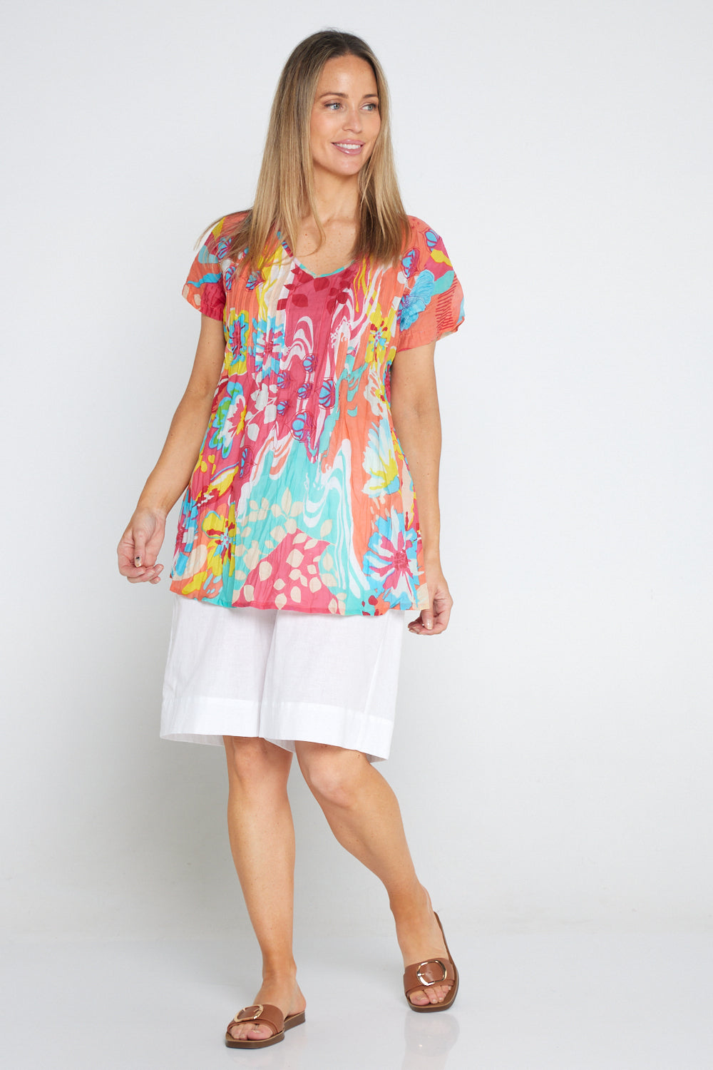 Kayla Cotton Short Sleeve Top - Coral Beach