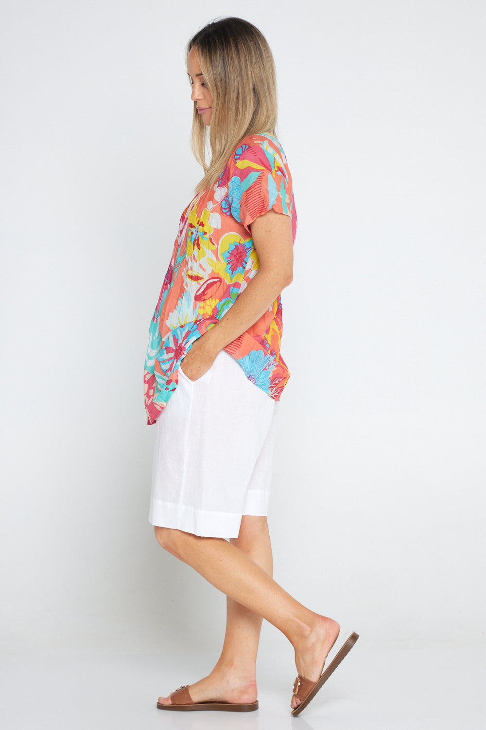 Kayla Cotton Short Sleeve Top - Coral Beach