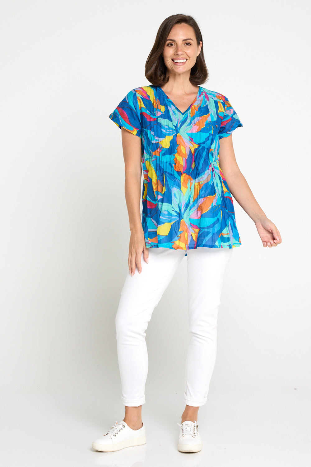 Kayla Cotton Short Sleeve Top - Bright Orange & Blue Leaves