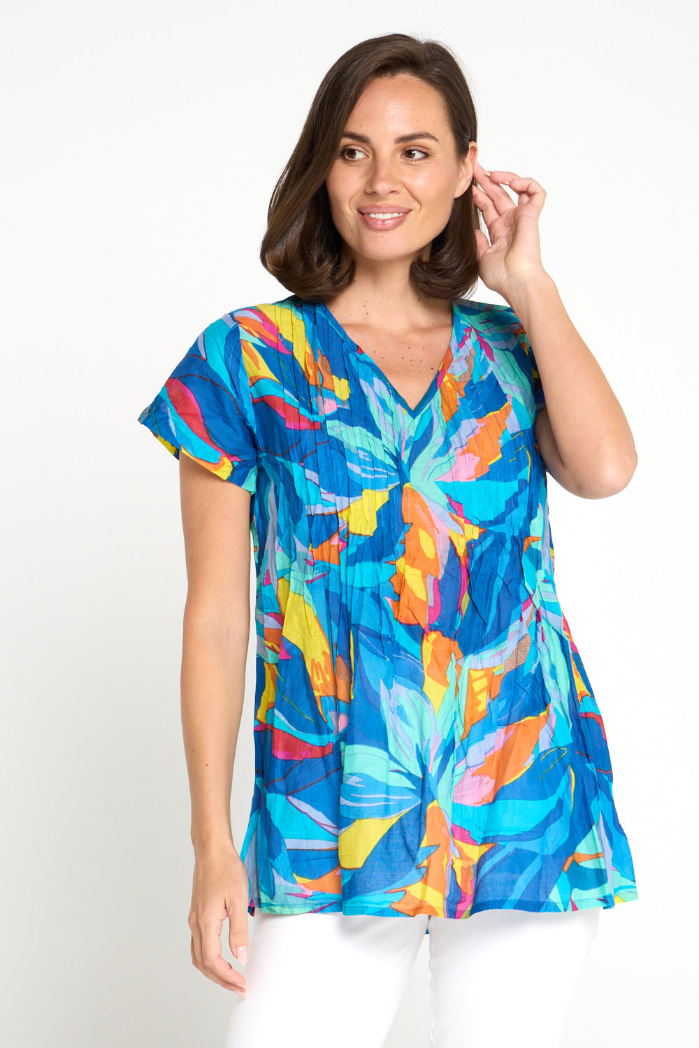 Kayla Cotton Short Sleeve Top - Bright Orange & Blue Leaves