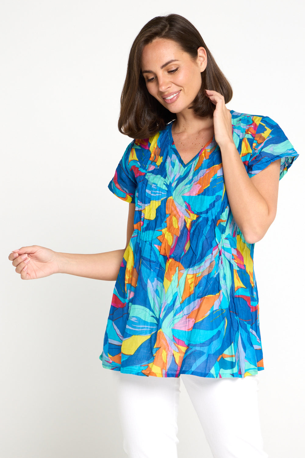 Kayla Cotton Short Sleeve Top - Bright Orange & Blue Leaves