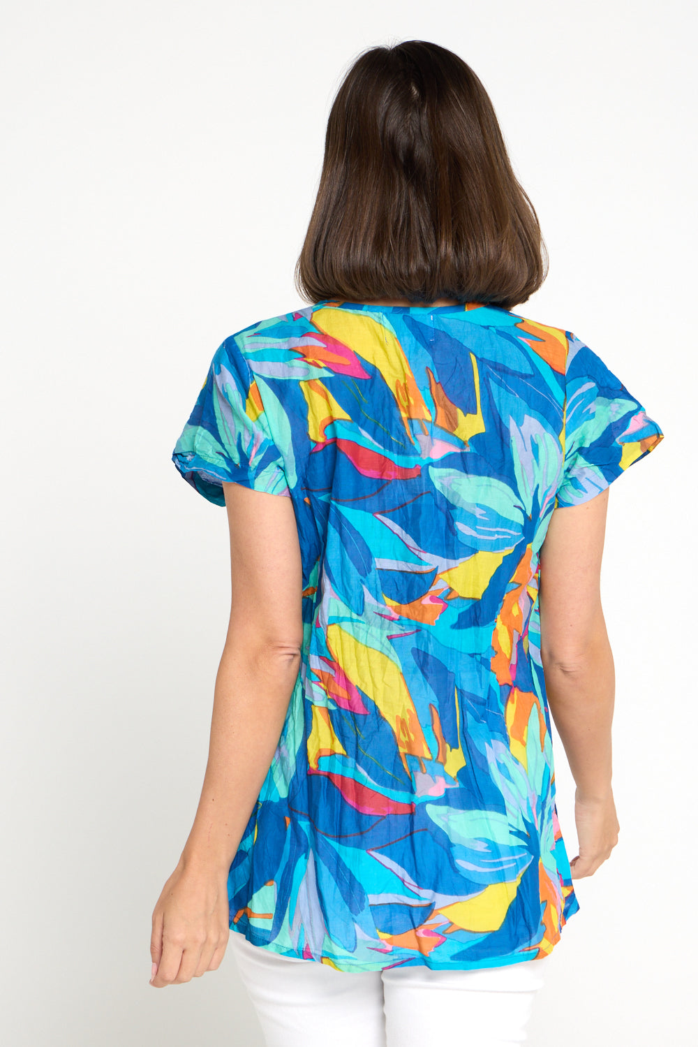 Kayla Cotton Short Sleeve Top - Bright Orange & Blue Leaves