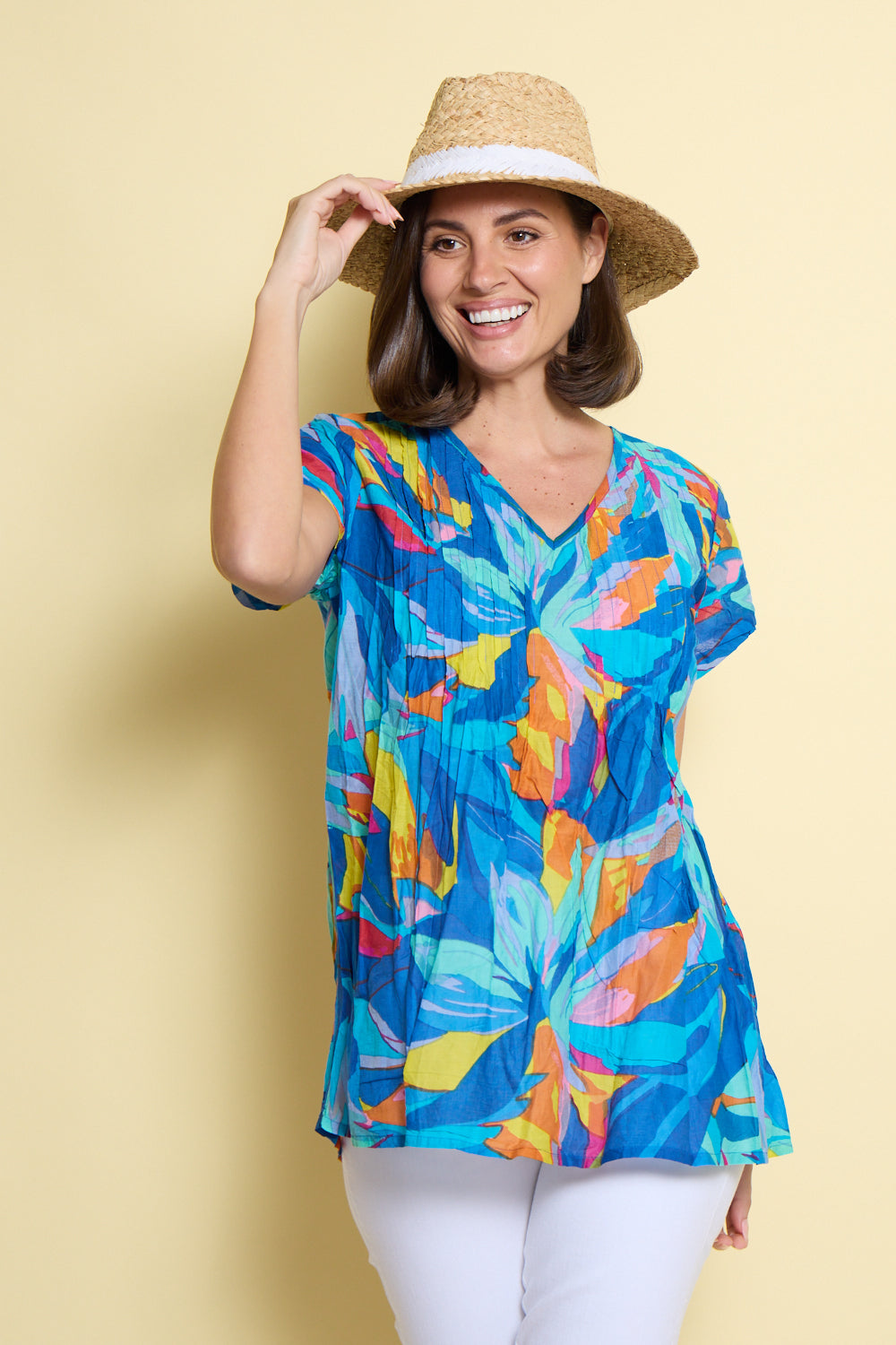 Kayla Cotton Short Sleeve Top - Bright Orange & Blue Leaves